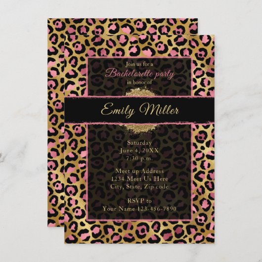 Invitation Fête avec impression de léopard et paillettes rose (Devant / Derrière)
