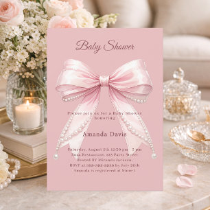 Invitation Fête Baby Shower fille élégante perles roses