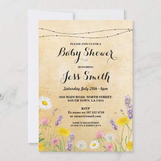 Invitation Fête baby shower Fleurs sauvages rustiques mignonn (Devant)
