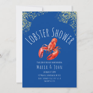 Invitation Fête Baby Shower Homard à l'aquarelle Bleu Or