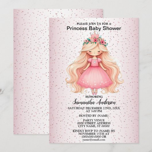 Invitation Fête Baby shower princesse rose aquarelle (Devant / Derrière)