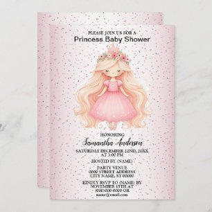 Invitation Fête Baby shower princesse rose aquarelle