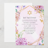 Fête Bat Mitzvah florale géométrique violette et o