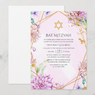 Invitation Fête Bat Mitzvah florale géométrique violette et o