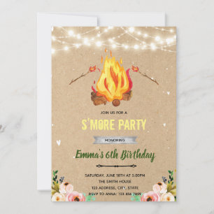 Invitation Fête BBQ feu de camp au marshmallow floral