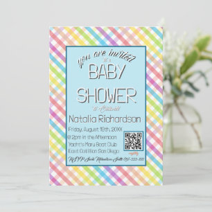 Invitation Fête bébé arc-en-ciel Gingham Pastel Bleu