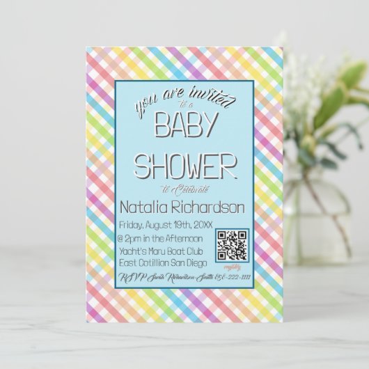Invitation Fête bébé arc-en-ciel Gingham Pastel Bleu (Debout devant)
