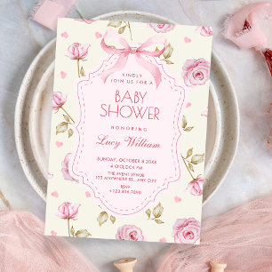 Invitation Fête bébé arc ruban motif roses roses