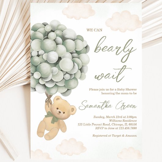 Invitation Fête bébé ballon ours vert