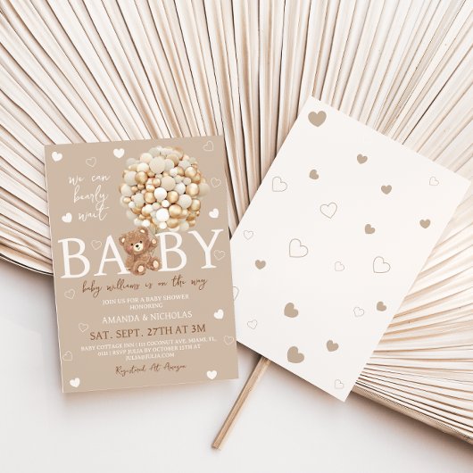Invitation Fête bébé Ballons dorés Marron clair Ours