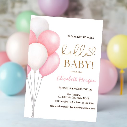 Invitation Fête bébé Ballons roses Aquarelle