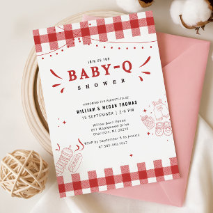 Invitation Fête bébé BBQ Gingham Rouge Rustique Baby Q