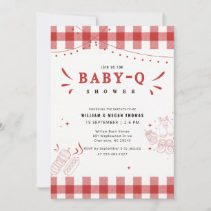 Invitation Fête bébé BBQ Gingham Rouge Rustique Baby Q