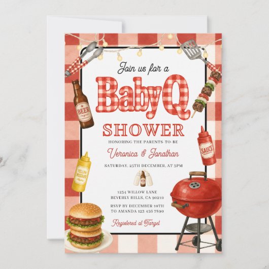 Invitation Fête bébé BBQ Jardin Grill Rouge Gingham (Devant)