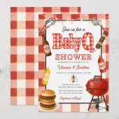 Invitation Fête bébé BBQ Jardin Grill Rouge Gingham (Devant / Derrière)