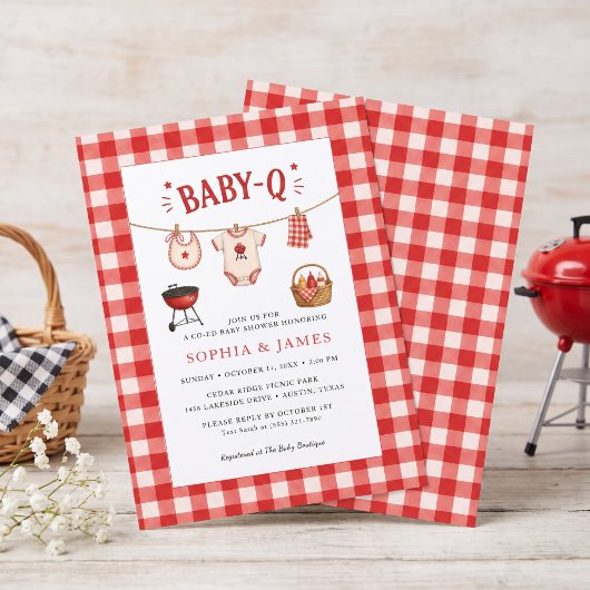 Invitation Fête Bébé BBQ Rustique Gingham Rouge