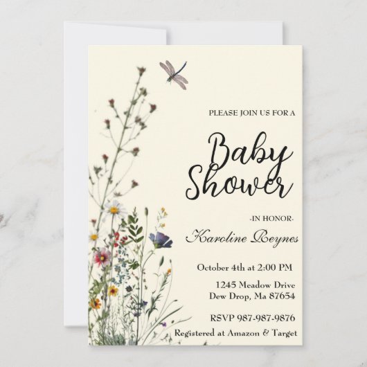 Invitation Fête Bébé Bohème Fleur Sauvage Libellule (Devant)