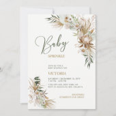 Invitation Fête Bébé Bohème Floral Vert et Or (Devant)