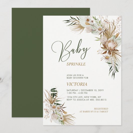 Invitation Fête Bébé Bohème Floral Vert et Or (Devant / Derrière)