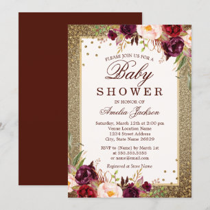 Invitation Fête bébé Burgundy Gold floral Sparkle