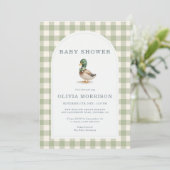 Invitation Fête Bébé Canard Colvert Gingham Tout en Un (Debout devant)