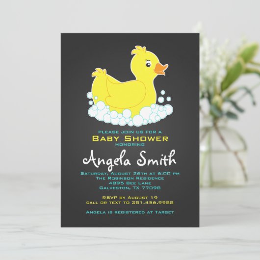Invitation Fête bébé Canard en Caoutchouc Tableau Noir (Debout devant)