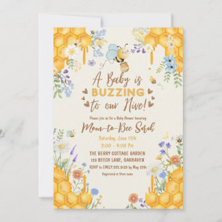 Invitation Fête bébé champêtre abeille jaune fleurs