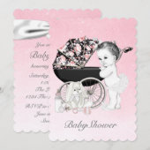 Invitation Fête bébé chariot rose (Devant / Derrière)