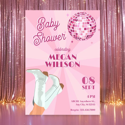 Invitation Fête bébé chaussures rose funky boule disco