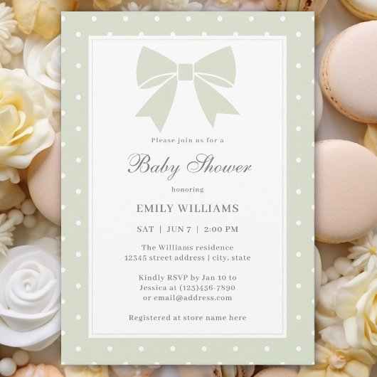 Invitation Fête bébé classique pois vert sauge clair ruban