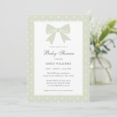 Invitation Fête bébé classique pois vert sauge clair ruban (Debout devant)