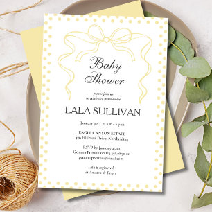 Invitation Fête bébé Coquette à pois jaunes et nœud