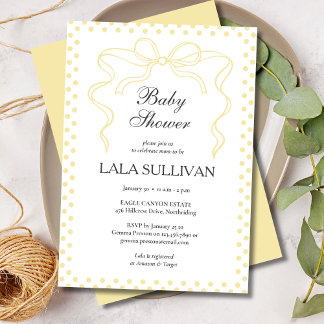 Invitation Fête bébé Coquette à pois jaunes et nœud