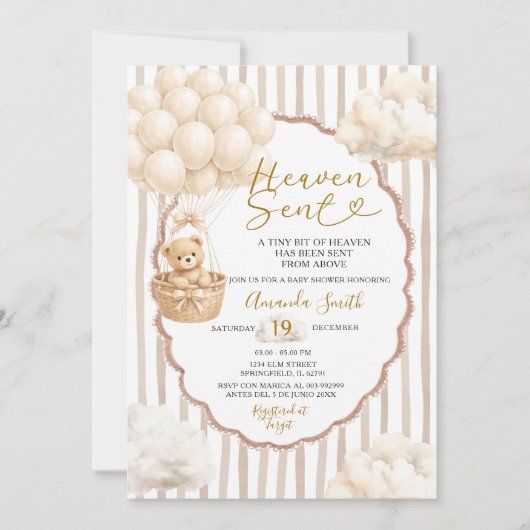 Invitation Fête Bébé Douce Rayure Ours Beige Envoyé du Ciel  (Devant)
