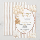 Invitation Fête Bébé Douce Rayure Ours Beige Envoyé du Ciel  (Devant / Derrière)