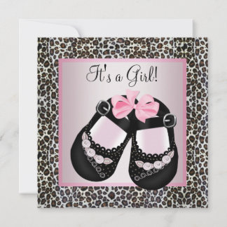 Invitation Fête bébé fille chaussures noires roses léopard ro
