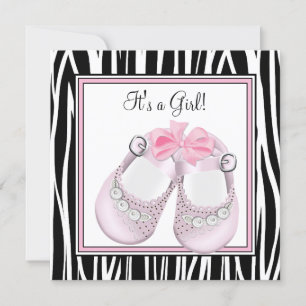 Invitation Fête bébé fille chaussures noires roses Zèbre rose