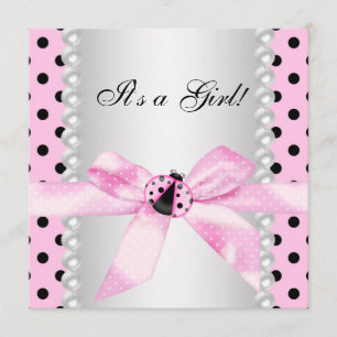 Invitation Fête Bébé Fille Coccinelle Rose Perles Noires