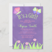 Invitation Fête bébé fille papillons rose vert violet (Devant)