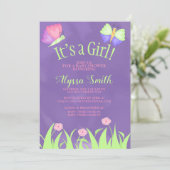 Invitation Fête bébé fille papillons rose vert violet (Debout devant)