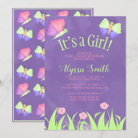 Invitation Fête bébé fille papillons rose vert violet (Devant / Derrière)