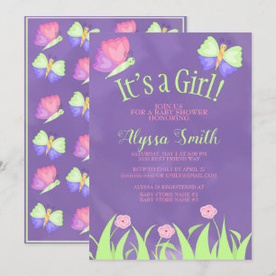 Invitation Fête bébé fille papillons rose vert violet