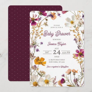 Invitation Fête Bébé Fleur Sauvage Féminin Jaune Violet