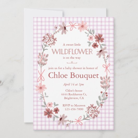 Invitation Fête bébé Fleur sauvage Violette Gingham 006 (Devant)