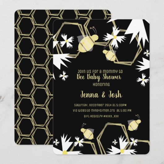 Invitation Fête bébé Fleurs Abeille et Daisy Noir Jaune (Devant / Derrière)