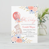 Invitation Fête bébé Fleurs Ballon Ourson (Debout devant)