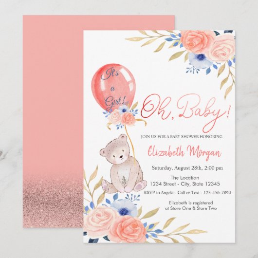 Invitation Fête bébé Fleurs Ballon Ourson (Devant / Derrière)