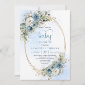 Invitation Fête bébé fleurs pastel bleu aquarelle or  (Devant)