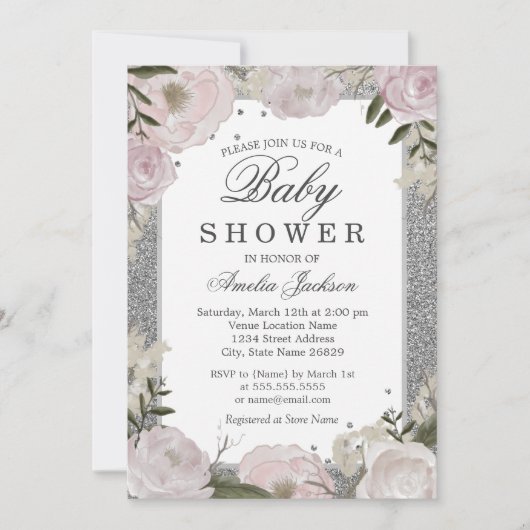 Invitation Fête bébé Fleurs Rose Pailleté Argent (Devant)