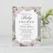 Invitation Fête bébé Fleurs Rose Pailleté Argent (Debout devant)